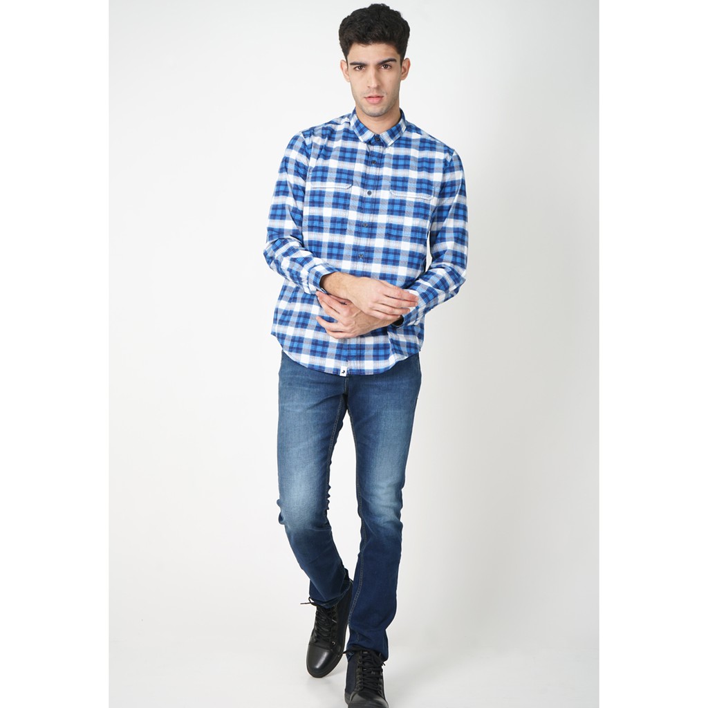Gameela Lois Original Kemeja Pria Lengan Panjang KLL008 Baju Hem Cowok Tangan Long Sleeve Kotak Biru