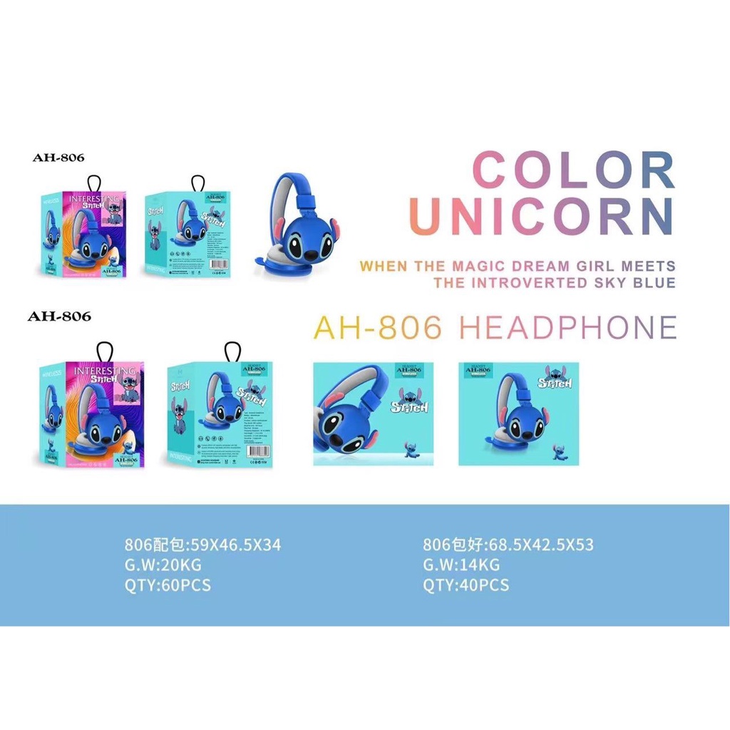 AH 806 Headphone Bando Bluetooth Anak karakter Lilo Nstich