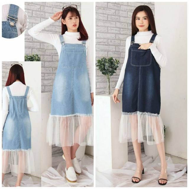 (NEW) DRESS JEANS WANITA MIDI OVERALL KOMBINASI TILE