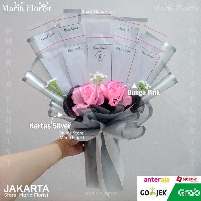 Buket Bunga Uang - Kerangka Buket Uang Kosongan - Kerangka Buket Uang - Bunga Putih, Kertas Silver