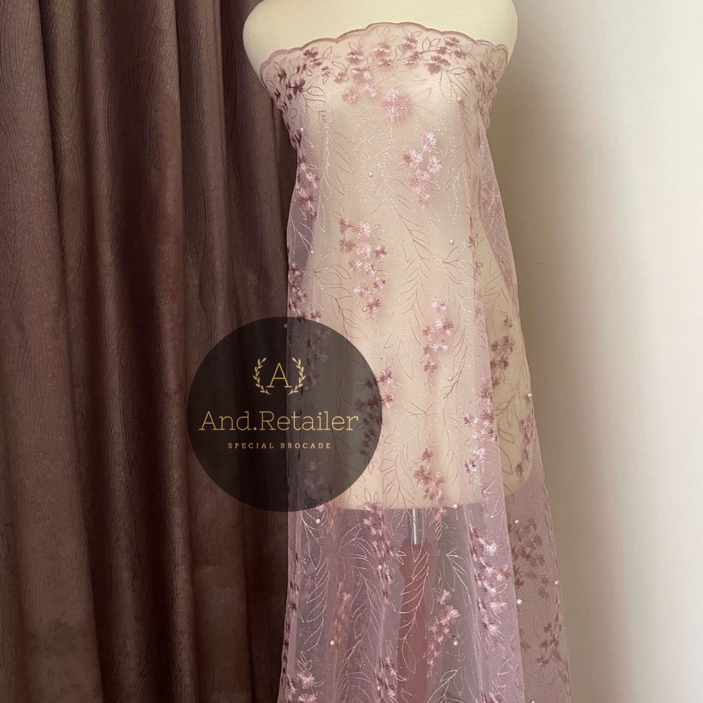 Kain Bahan Kebaya Brokat Tile Mutiara Charlotte warna hijau Rose Gold Semi Lavender