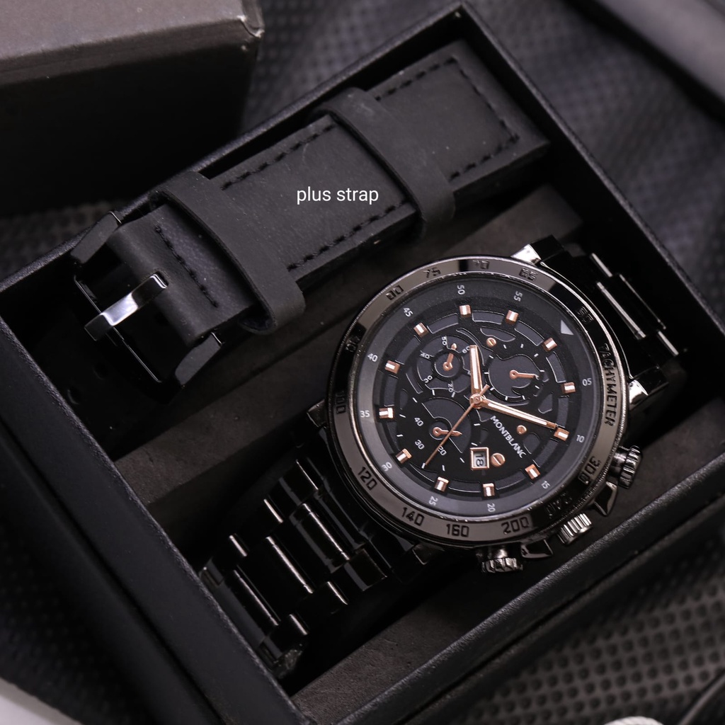 Jam Tangan Pria Montblanc Rantai 956542 Tanggal Aktif Free Tali Kulit Box Dan Baterai