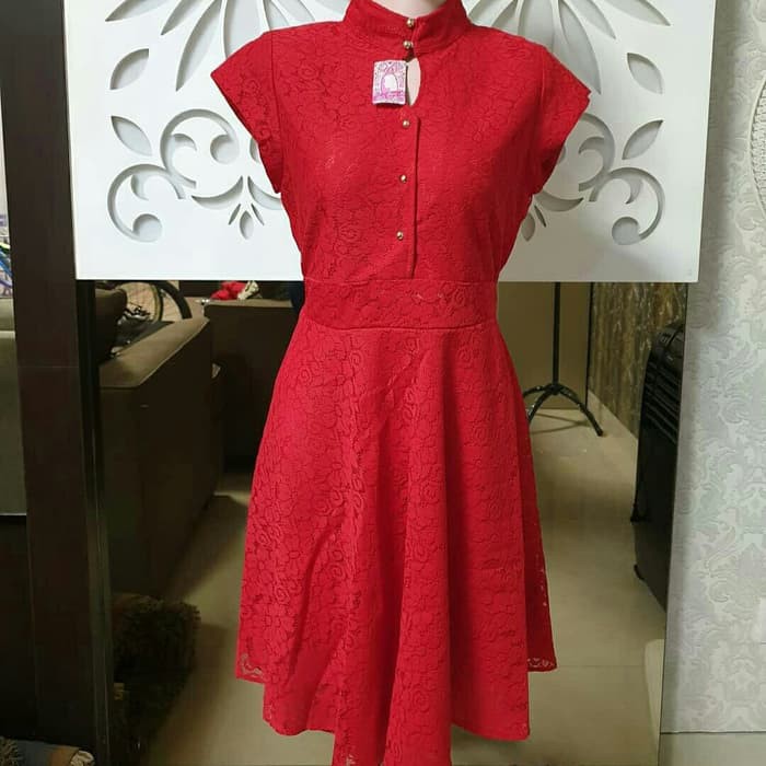 Baju Fashion Wanita Brukat Dress Cheongsam Imlek Import