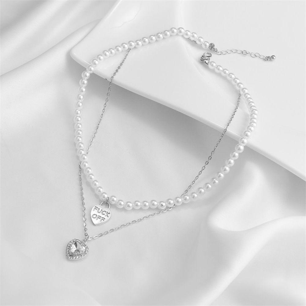 Needway Kalung Gaya Korea Fashion Perhiasan Vintage Untuk Anak Perempuan Liontin Manik-Manik Lapisan Ganda Berbentuk Hati