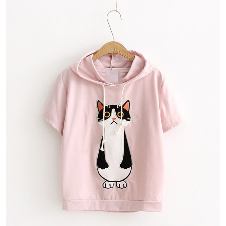 Bess - Sweater Hoodie Crop Lengan Pendek CAT STAND