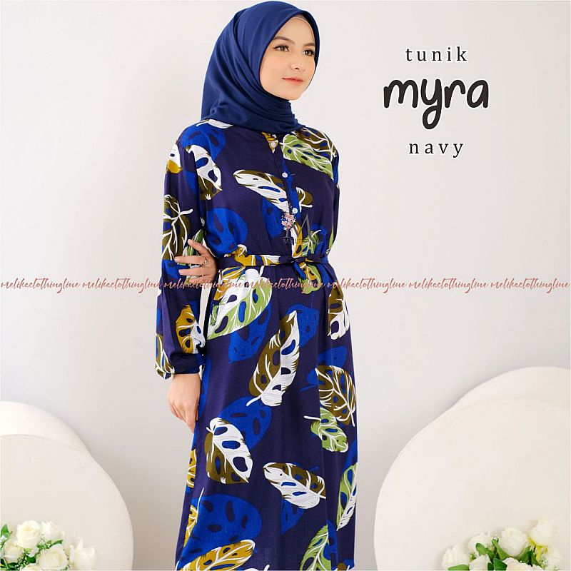 Tunik Rayon Dewasa Motif Daun Cantik Myra Navy Biru Tua Dongker