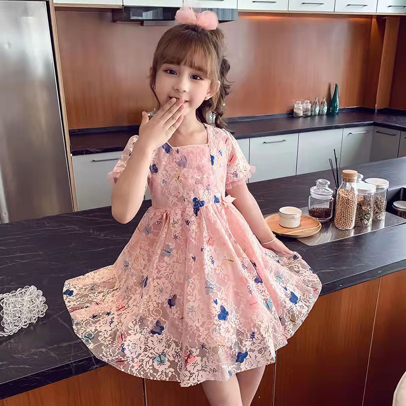 KF CAT Dress Brukat Anak Perempuan Import /Gaun Princess Pesta Lengan Pendek Ruffle Rok Panjang Renda Mewah Motif Kupu Kupu Untuk Usia 3-7 thn-3