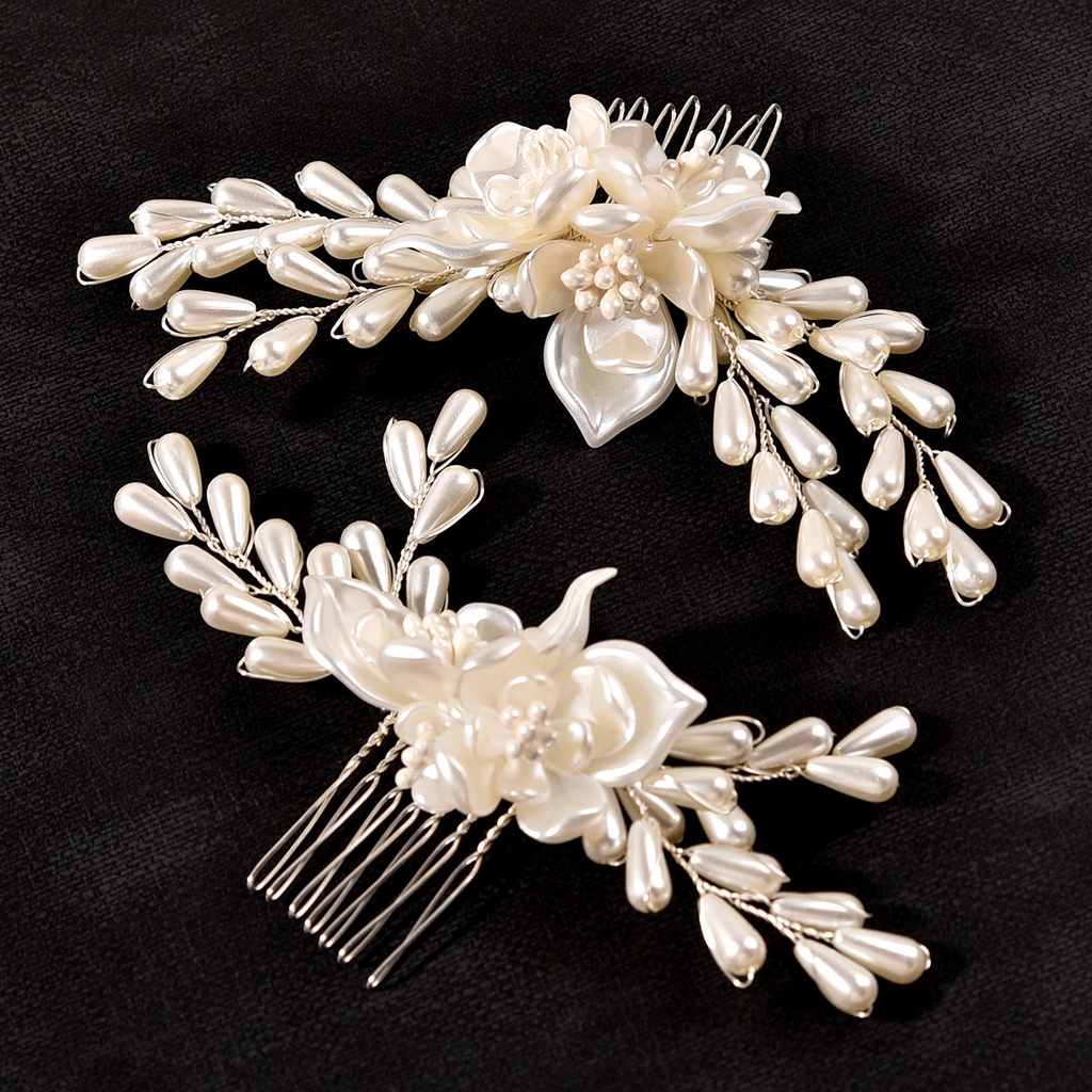 2 pcs Handmade Wedding Flower Headpiece Bridal White pearl Haircomb Hair Accessories