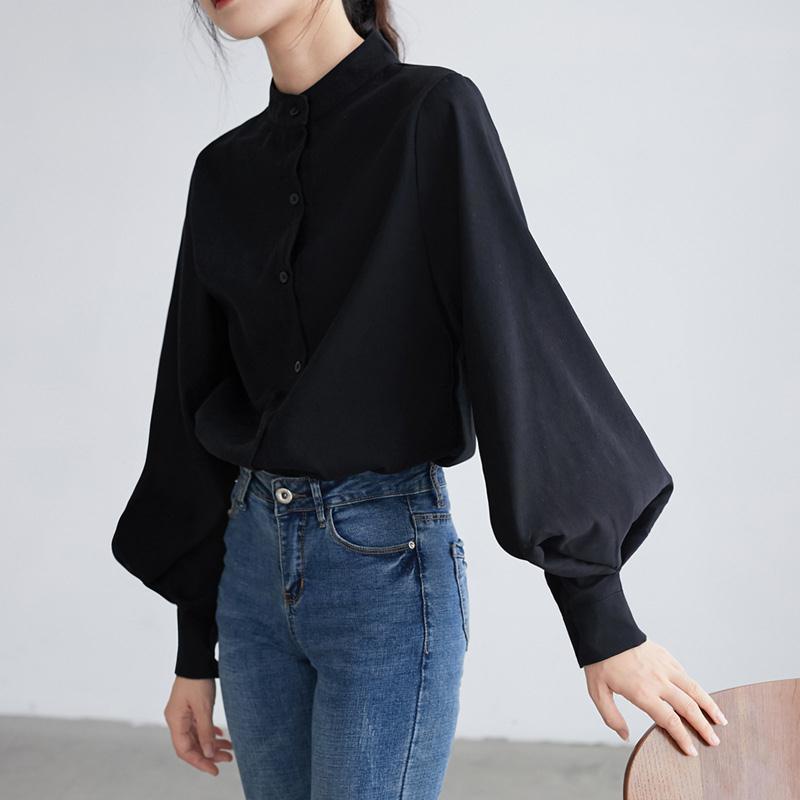 Black stand collar shirt female design sense of minority light familiar French temperament shirt ret