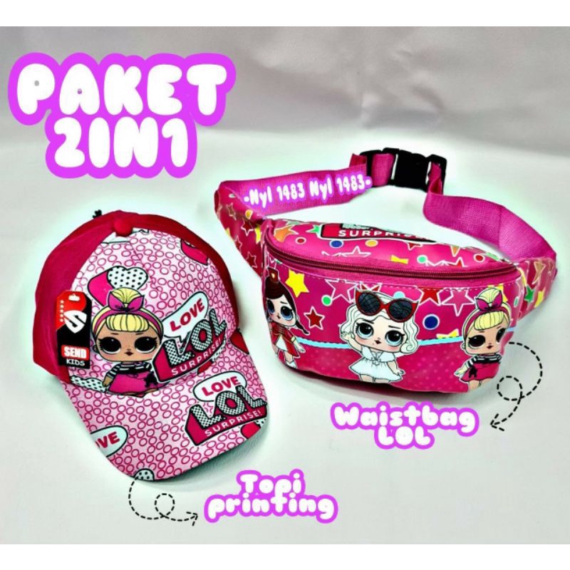 Paket 2in1 tas selempang bahu waistbag anak + topi full print motif kartun lucu