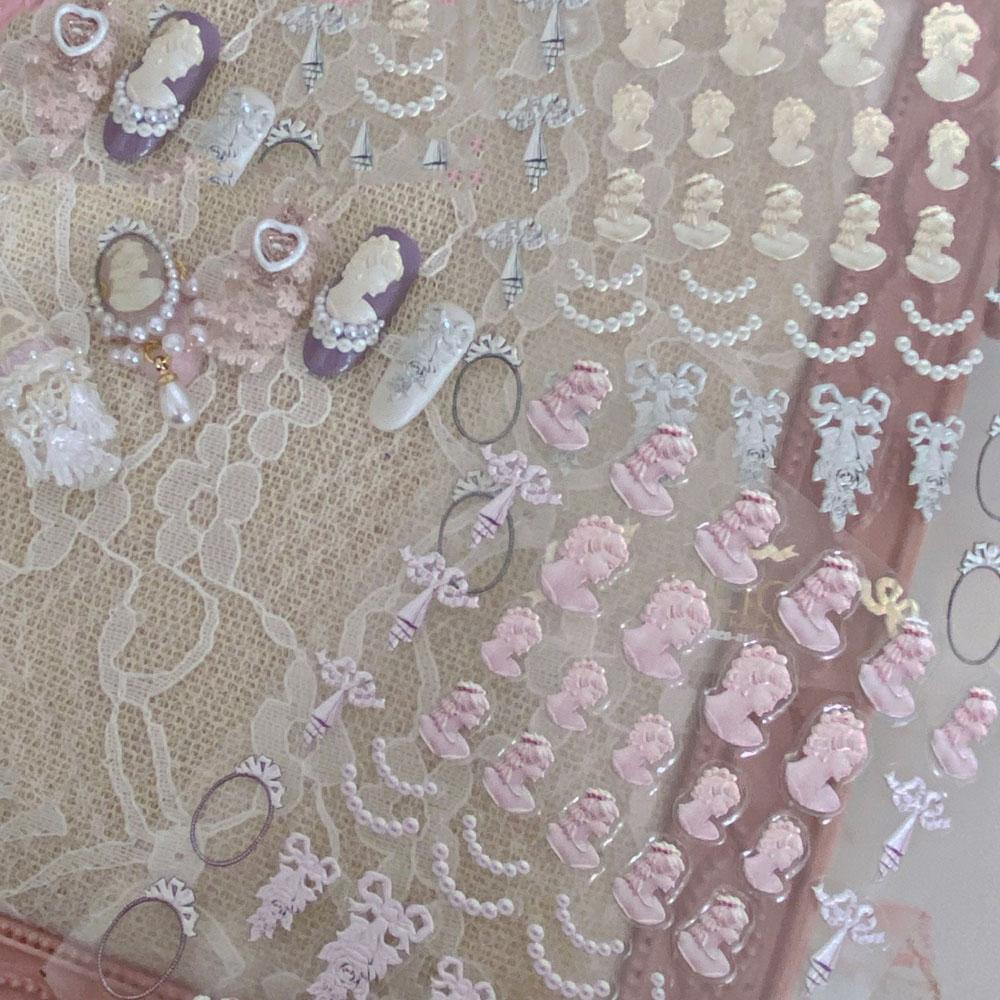 Mxbeauty 5D Stiker Kuku Timbul Salon Gaya Eropa Love Hati Mutiara Bunga Retro Rococo Nail Art Dekorasi