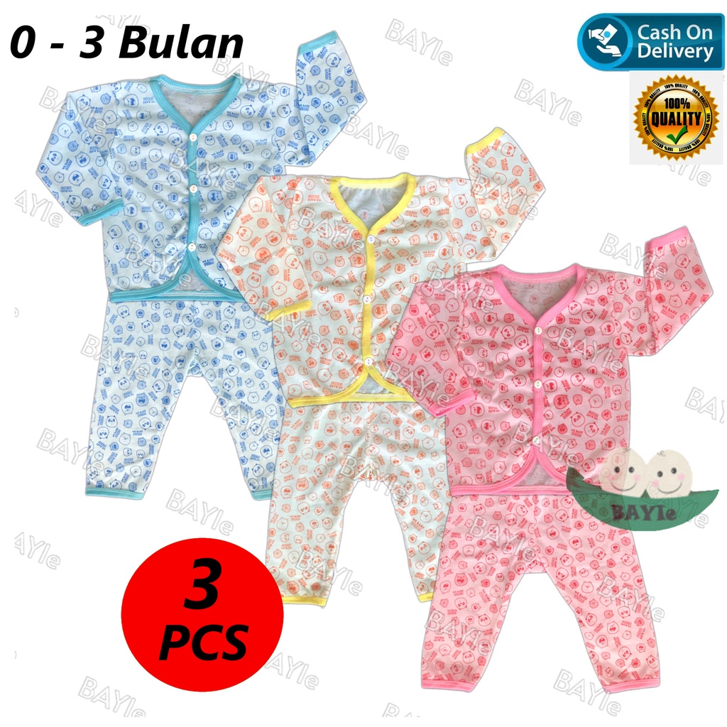 BAYIe - 3 SET Setelan Baju Bayi Panjang+Celana Panjang WARNA Motif BEAR umur 0-3 bulan/baju anak laki-laki/perempuan