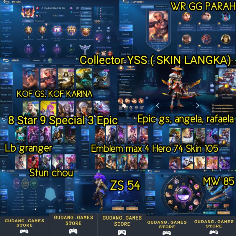 Jual AKUN SKIN SULTAN Akun Mobile Legend Collector YSS KOF GS