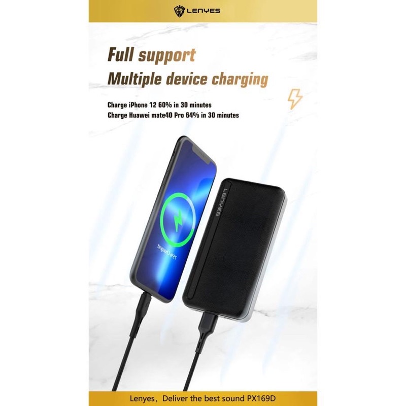 Powerbank 10.000 Mah QC 3.0 + PD 20W Lenyes Original PX169D Fast Charging Real Capacity 10000 Mah