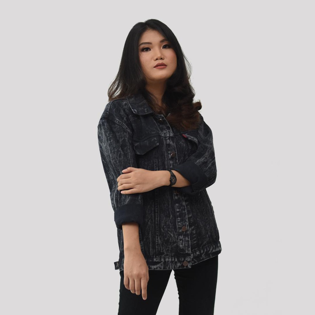 Jaket Jeans Denim Premium Wanita All Size - Jumbo Oversize - Sandwash Black