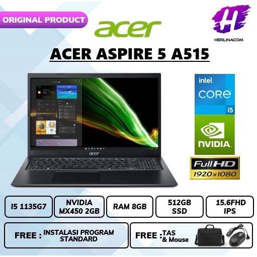 laptop acer aspire 5 a515 intel core i5 1135g7 ram 8gb 512gb ssd nvidia mx450 2gb windows11pre 15 6f