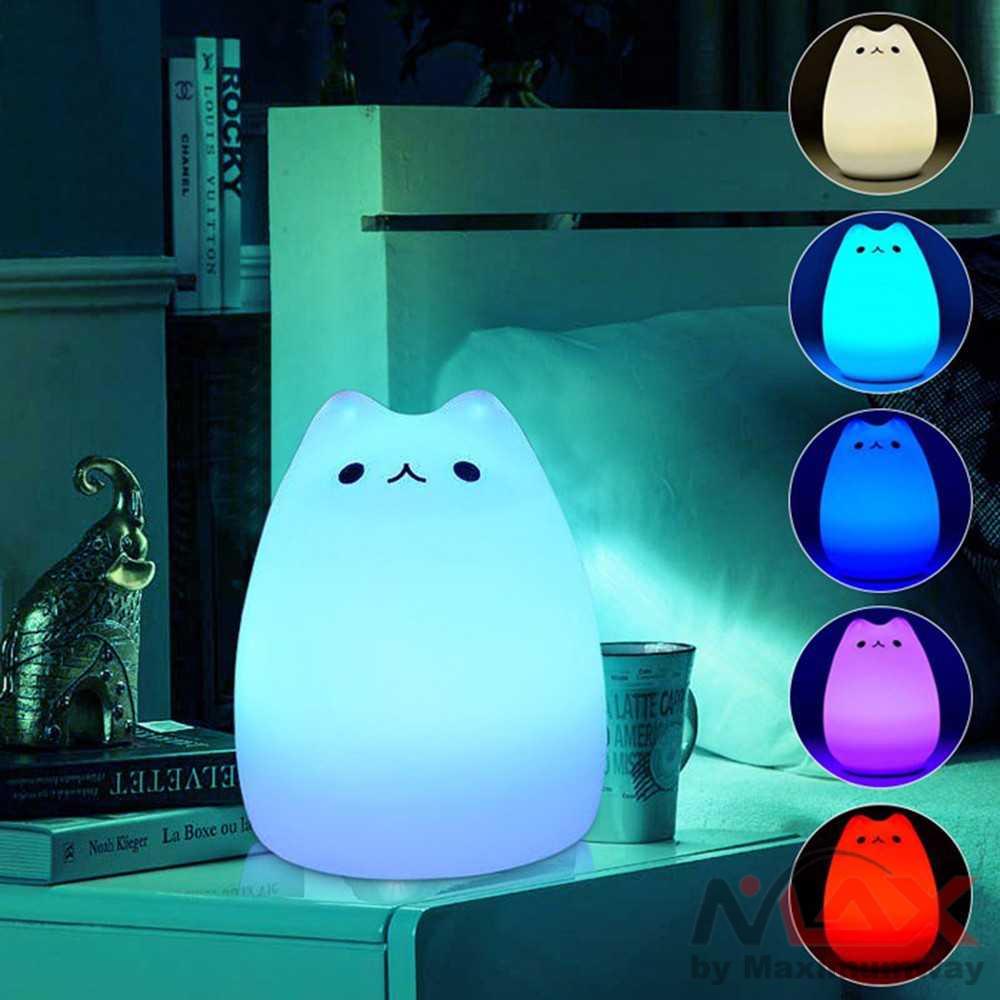 lampu tidur bayi lampu tidur anak kamar bayi boneka lucu karakter kartun cartoon aman digigit bayi Lampu 7 Warna Model Kucing Lucu - LJC-101 Cute Silicone LED Night Light For Baby Kids Children Bedroom Touch Sensor Remote Cat Lamp Decoration Room Decor