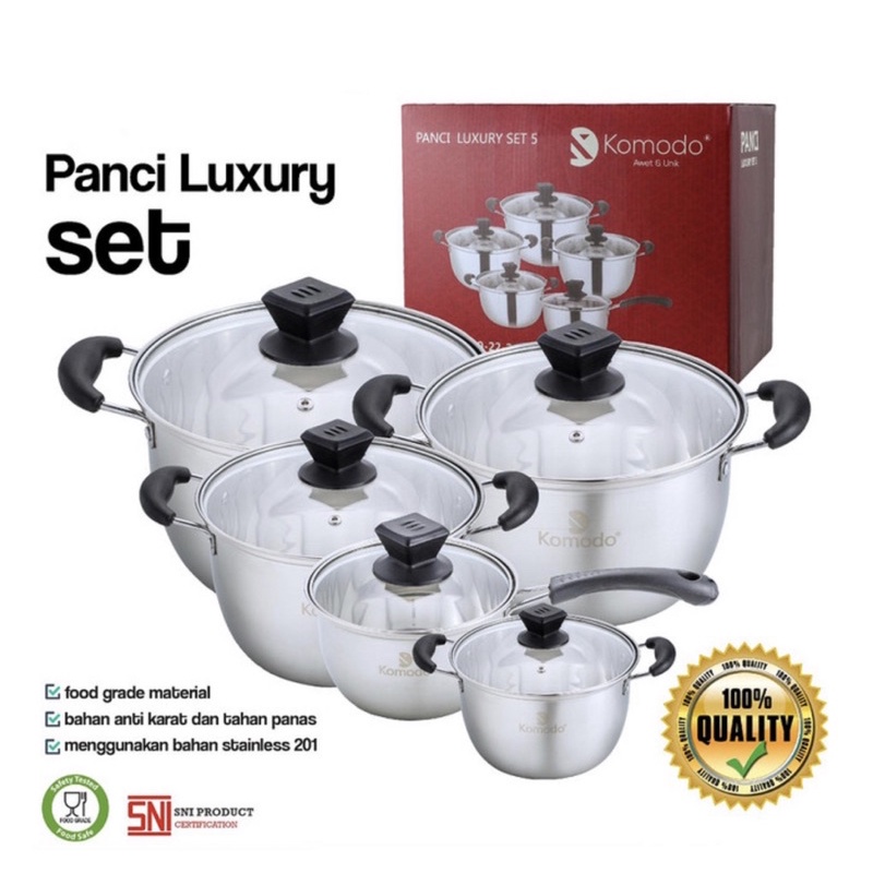 [ Komodo ] Panci Set Stainless Steel ANTI KARAT MURAH Luxury Set Komodo dengan tutup kaca - ( 5pcs)