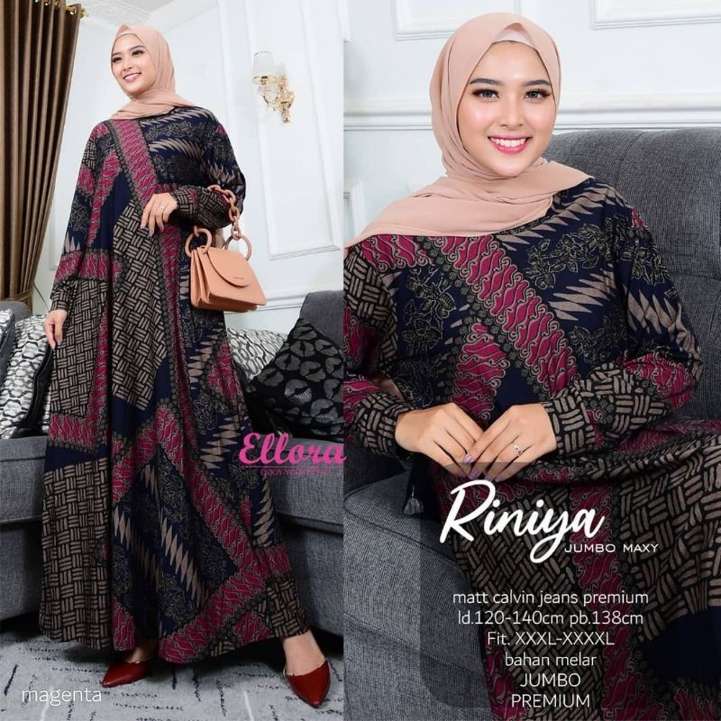 GAMIS BATIK ORI SOLO RINIYA LARISSA DRESS CALVIN JEANS LD 105-130 FIT XXL GAMIS JUMBO MUSLIM BATIK T