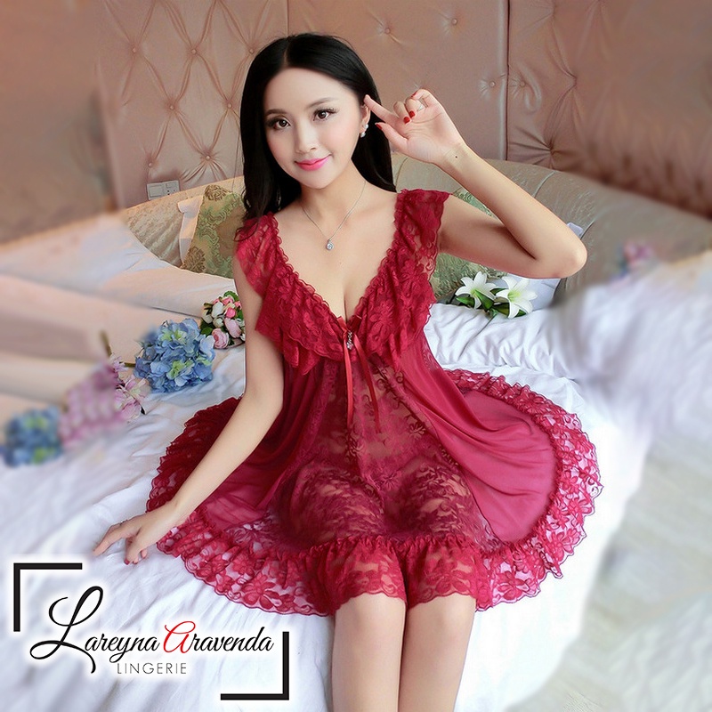 Set Lingerie + G String Seksi Jumbo Model Babydoll Lace Premium Quality 0976