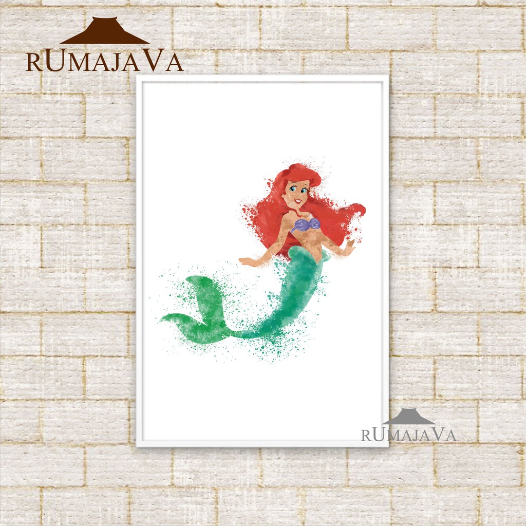 Poster Kartun Anak Disney Ariel Mermaid Sudah Termasuk Frame