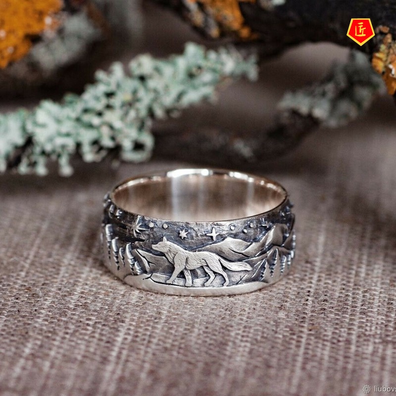 [Ready Stock]925 Retro Carved Loyal Wolf Inlaid Diamond Couple Ring