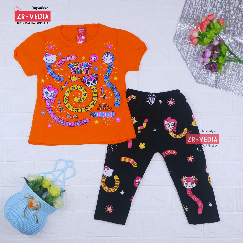 Setelan Worm Zones Anak Perempuan uk 3-4 tahun / Baju Anak Karakter Legging Perempuan Celana Panjang Import Kaos Cacing