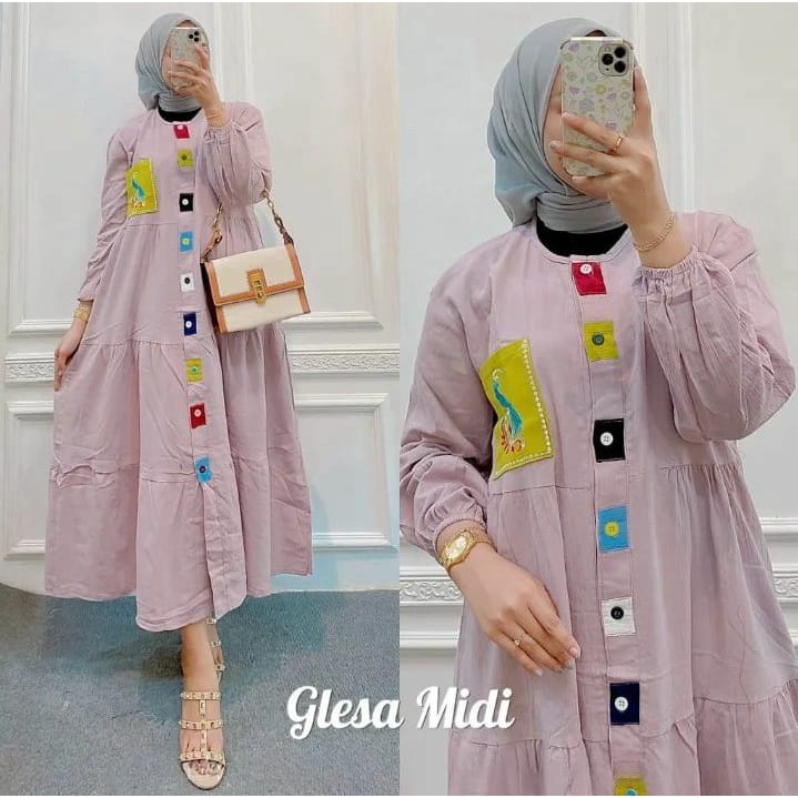 GLESSA MIDI DRESS BUSUI FRIENDLY | DRES KATUN RAYON MENYUSUI KANCING AKTIF LD 110 | BAJU KONDANGAN WANITA TERBARU KEKINIAN | PAKAIAN WANITA FULL KANCING AKTIV