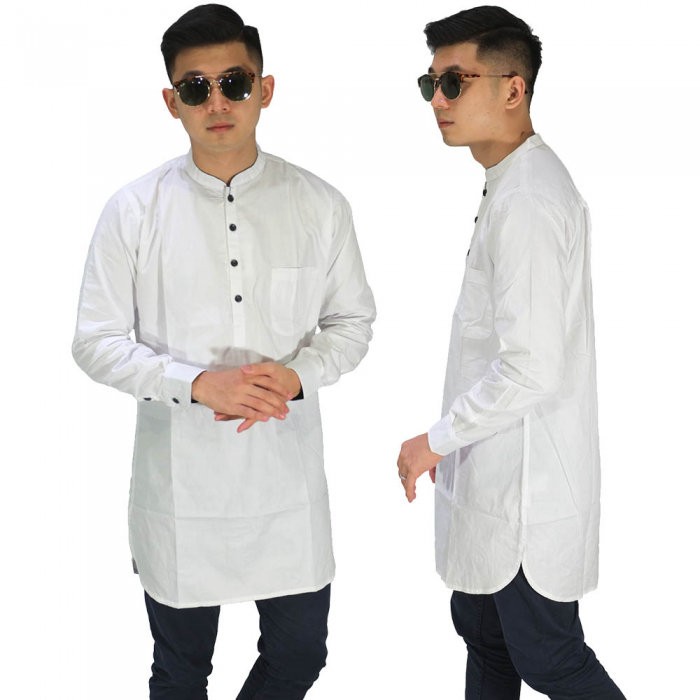 Baju Koko Muslim Kurta Gamis Pria Lengan Panjang Polos Putih