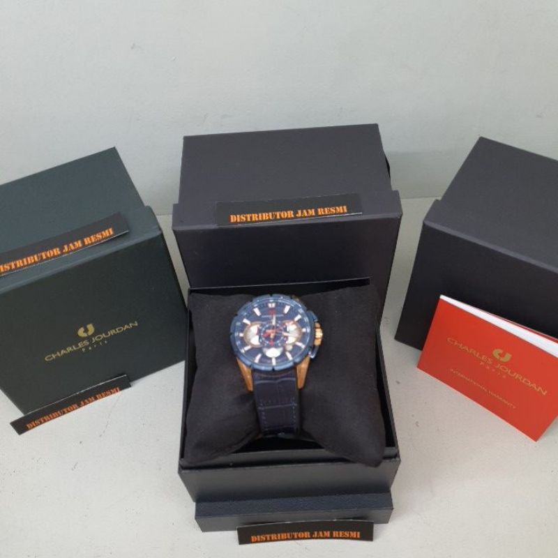 Jam Tangan Pria Charles Jourdan CJ1029-1582C Rose Gold Blue Leather Cronograph