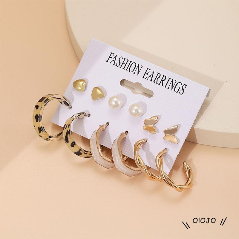 6 Pair/set Fashion Pearl Anting Leopard Print Bentuk Bulat Anting-Anting Pantai Perhiasan Aksesoris Wanita - ol