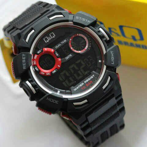Jam Tangan Pria Cowok Digital Qq M148  Original Garansi  Hitam Merah Water Resist