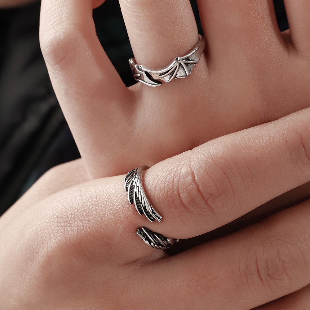 Wanita Pria Malaikat Sayap Setan Halus Fashion Jari Cincin Populer Perhiasan Hip Hop Terbuka Pasangan Rings Halus Tipis Vintage