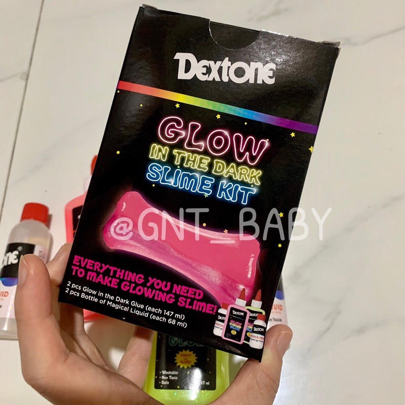 lem dextone glow in the dark slime kit glitter glue pink biru unicorn rainbow starter pack