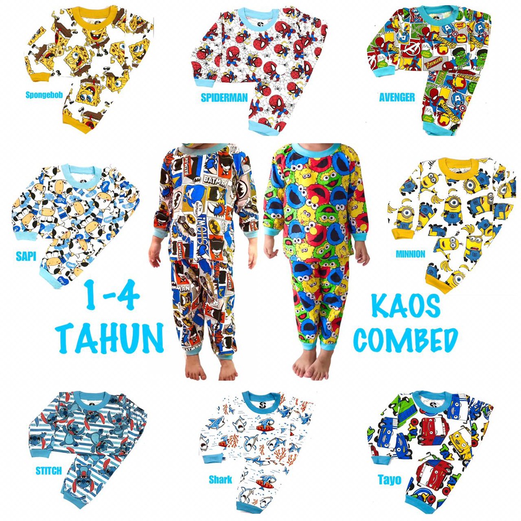 (1 KG MUAT 7 STEL) BAJU TIDUR ANAK KIDS LAKI-LAKI/COWOK SETELAN/STELAN BAHAN KAOS KATUN COMBED