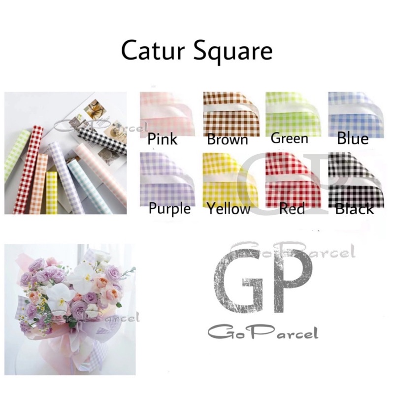 ( 5 Lembar ) CATUR SQUARE - FLOWER WRAPPING PAPER/ KOREAN CELLOPHANE KOTAK PLASTIC WATERPROOF/ KERTAS BUNGA