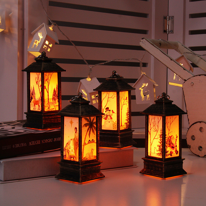 New Year Christmas LED Light Lamp Candle Cage/Portable Xmas Oil Lamp Party Decoration/Santa Claus Elk Print Candlestick