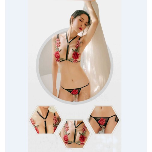 Lingerie Sexy open Set Baju Tidur Bra G String Transparan (3pcs ) A315-1