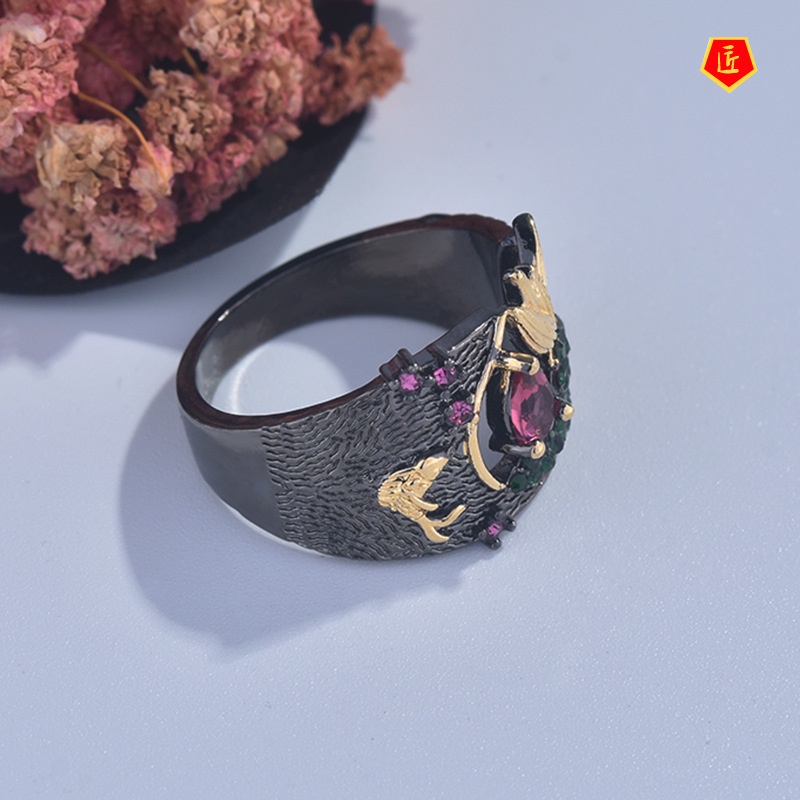 [Ready Stock]Creative New Two-Tone Bird Ring Black Retro Diamonds