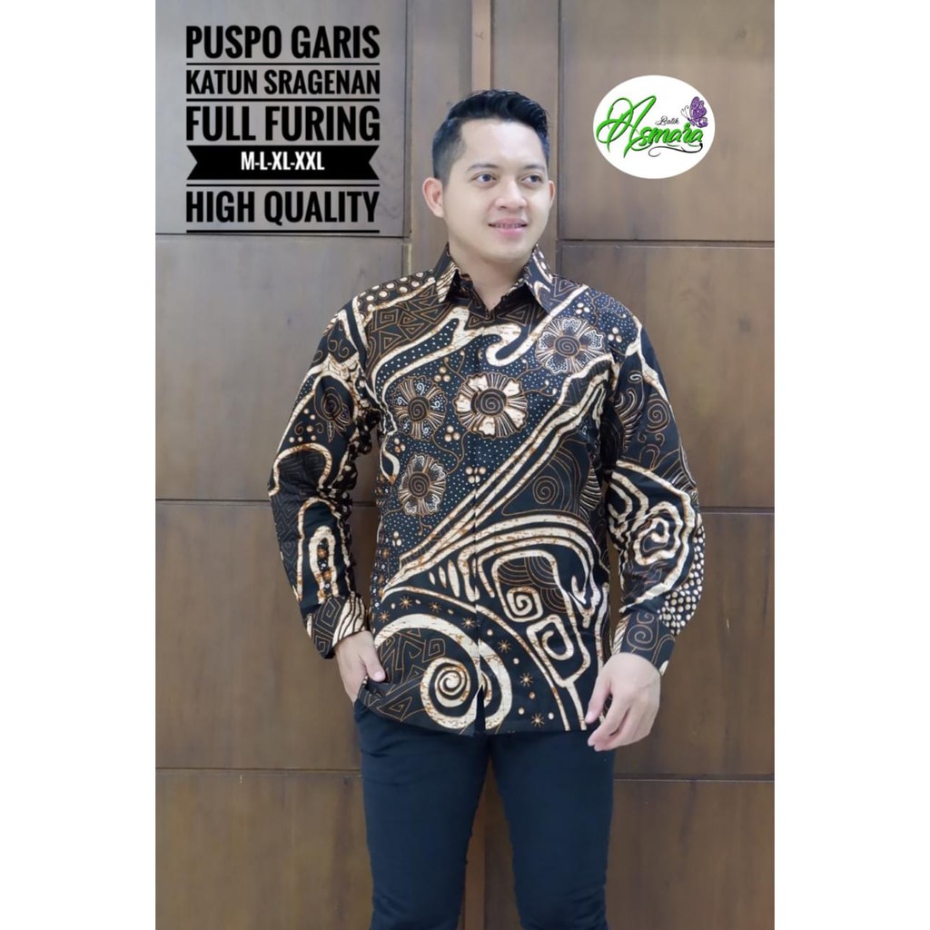 PUSPO GARIS Kemeja Batik Pria Full Furing Bahan Katun Sragenan