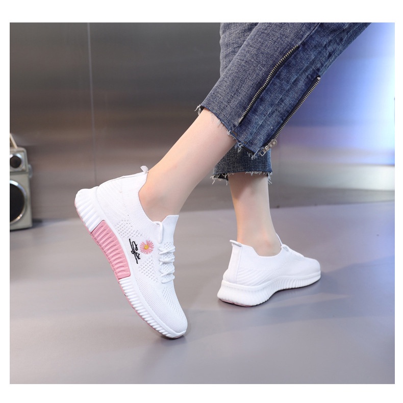 ❀ Chingu ❀ SEP008 (Tanpa Kotak) Sepatu Sneakers Wanita Putih Hitam Motif Bunga Sporty Model Korea Fashion Casual Sport Olahraga Import