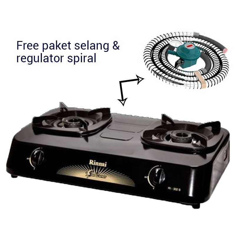 Kompor Gas 2 Tungku Rinnai RI302S Free Paket Selang+regulator