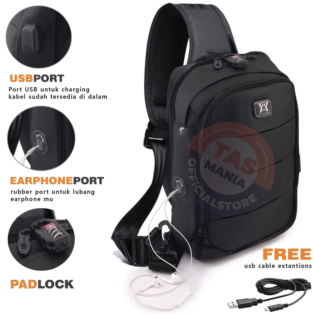 PTS -GEAR BAG KEY 13132 - Tas Selempang Pria / Wanita Anti Theft Casual With USB  Anti Maling Slingbag