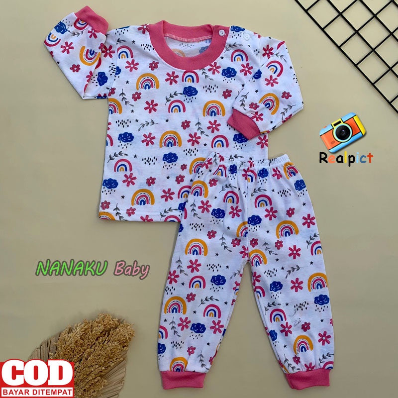 Setelan Baju Bayi Setelan Piyama Bayi Lengan Panjang Kancing Bahu Usia 3-12 Bulan Anababy