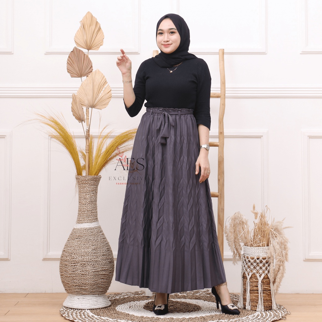 ROK PLISKET MOTIF DAUN PADI EXCLUSIVE / PLEATED SKIRT MOTIF DAUN PADI BAHAN PREMIUM KOSHIBO CREPE/ KOREAN CREPE TEBAL / REAL PICK