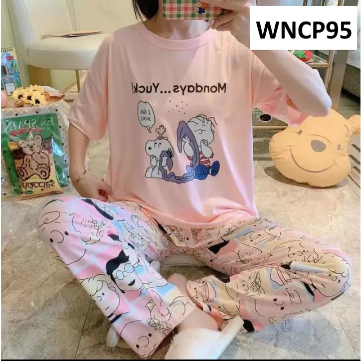 Baju Tidur Wanita - Remaja - Piyama Wanita Lengan Pendek Celana Panjang Motif Karakter