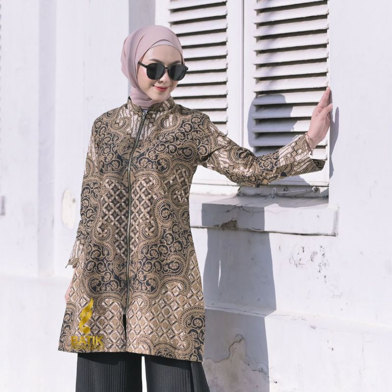BATIK WANITA ATASAN BATIK WANITA PRABUSENO ORI MOTIF YASUDHA LENGAN PANJANG BUSUI RESLETING DEPAN BA