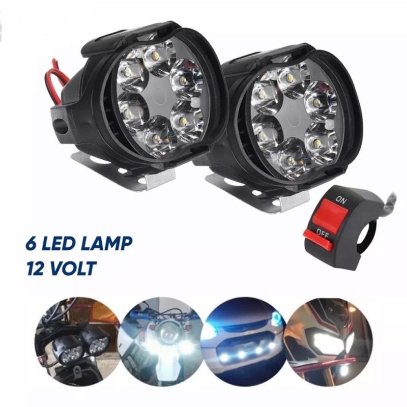 SEPASANG Lampu Tembak Sorot 6 Mata LED Spion Motor 6 Watt 12Volt