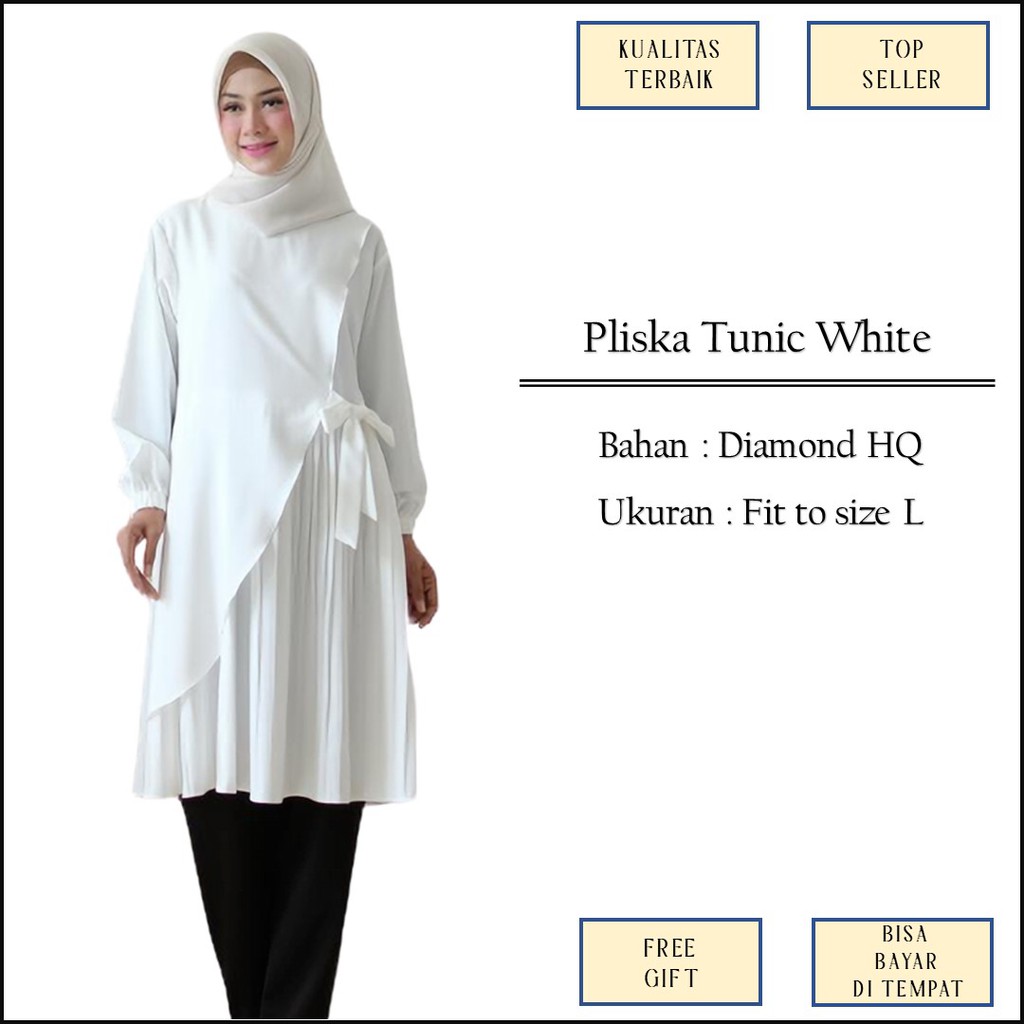 Baju Atasan Tunik Tunic Putih Tulang Broken White Model Plisket Kerja Formal Bahan Diamond Size L M1
