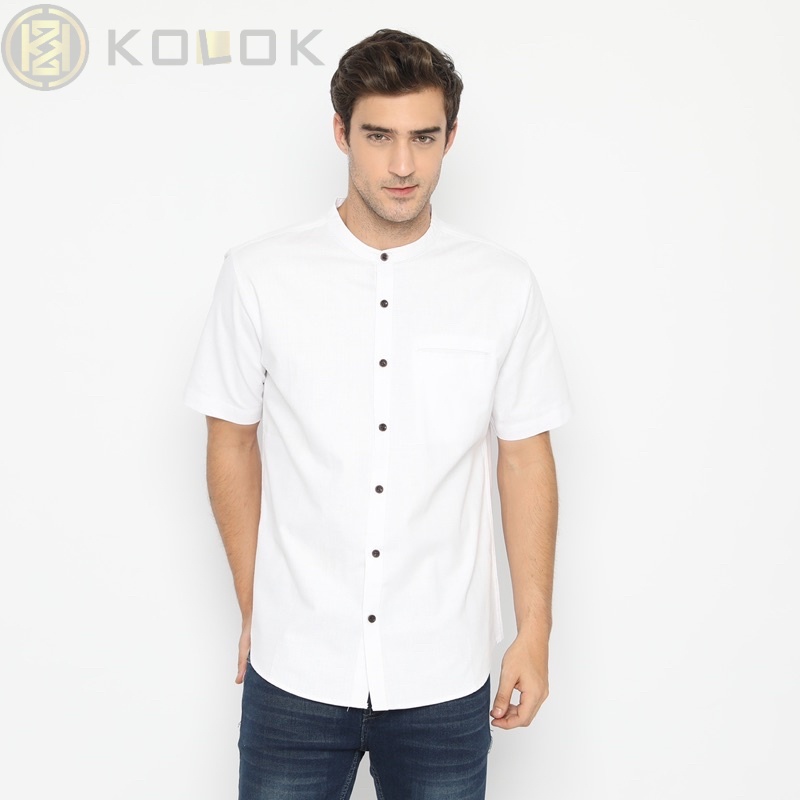 kemeja koko krah sanghai warna putih lengan pendek